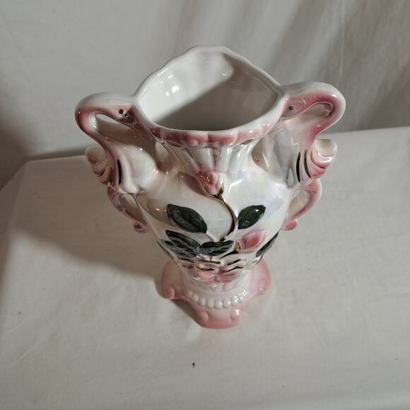 Delicate Hand Painted Porcelain Floral Vase Handles Gold with Pearlized Finish - Picture 2 of 6